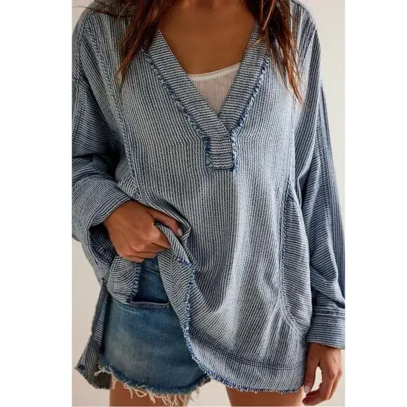 Free People Bohemian By The Shore Tunic Shirt Indigo Stripe Medium Coastal